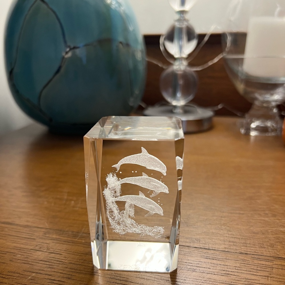 Crystal Glass Block 3D Etched  Dolphin Paperweight